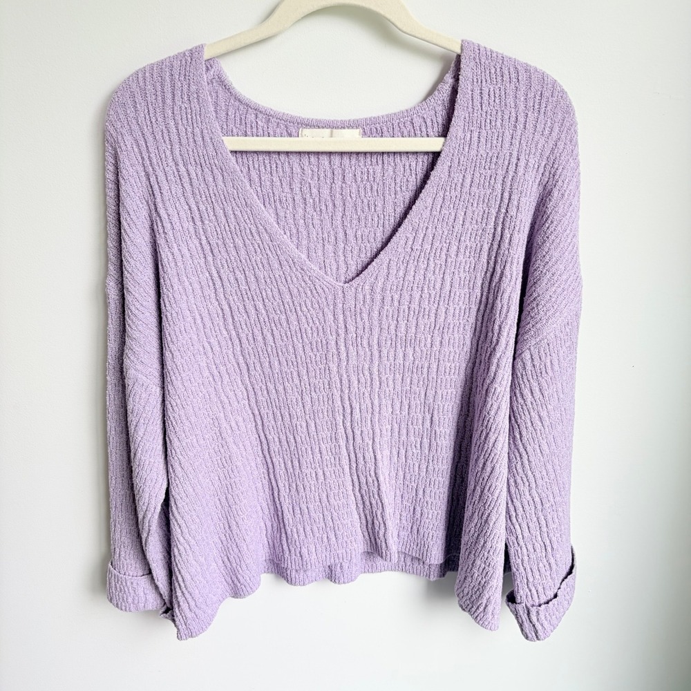 By Together Sweater Medium Boho Lavender V-Neck Textured Knit Oversized W1384